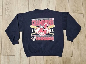 VINTAGE CLEVELAND INDIANS CHAMPIONS 1998 BASEBALL SWEATSHIRT L BLUE LONG - Picture 1 of 9