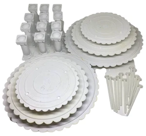 Wilton 3 Tier Wedding Cake Set Lot 2 Plates Tray Columns Rods 10" 8" 6" Vintage - Picture 1 of 12