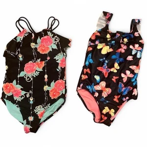 Girls' swimsuits with pink and black floral & butterfly designs. Girls size 6. - Picture 1 of 6
