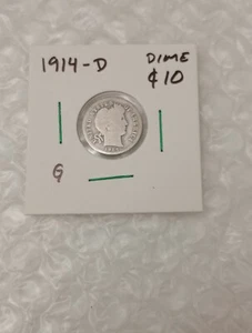 USA 1 Dime, Silver Barber Dime 1914-D. *VG. 10 Cents. - Picture 1 of 6