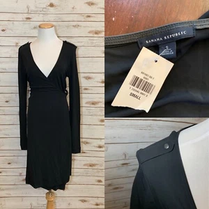Banana Republic Black Belted Wrap Dress Leather Trim Small NWT Rayon - Picture 1 of 10