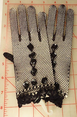Beautiful High Quality Vintage Black Stretch Fishnet Gloves w Sequins and Beads - Image 1 of 3