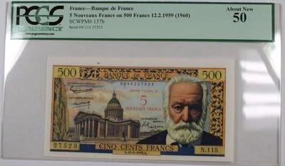 1959 (1960) Banque de France 5 Nouveaux Francs on 500 Francs 12.2.1959 PCGS AU50 - Image 1 of 2