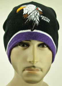 NEW NATIVE PRIDE EAGLE FEATHERS BEANIE KNIT CAP SKULL WN PURPLE - Picture 1 of 2
