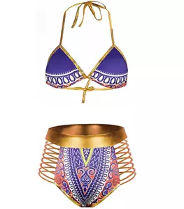 Sz 3XL 2 Piece Tribal African Metallic Cutout Halter Neck Bikini X002VW8NAP - Picture 1 of 2