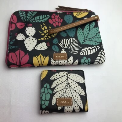 Muñequera y billetera sin asas Fossil multicolor de lona recubierta floral con cremallera en la esquina NUEVO Foto 1 de 4