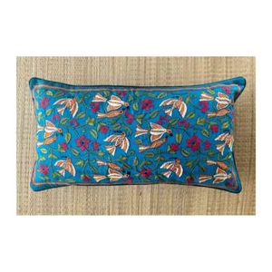 Flora & Fauna Kantha embroidered Cushion cover 14x26 in rectangle, blue - Picture 1 of 3