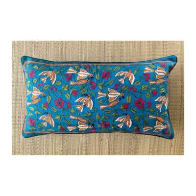Flora & Fauna Kantha embroidered Cushion cover  14x26 in rectangle, blue - Image 1 of 3