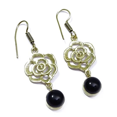 Black Onyx Enticing Gemstone Brass Rose Flower Jewelry Earring 1.5'' e886 - Image 1 of 4