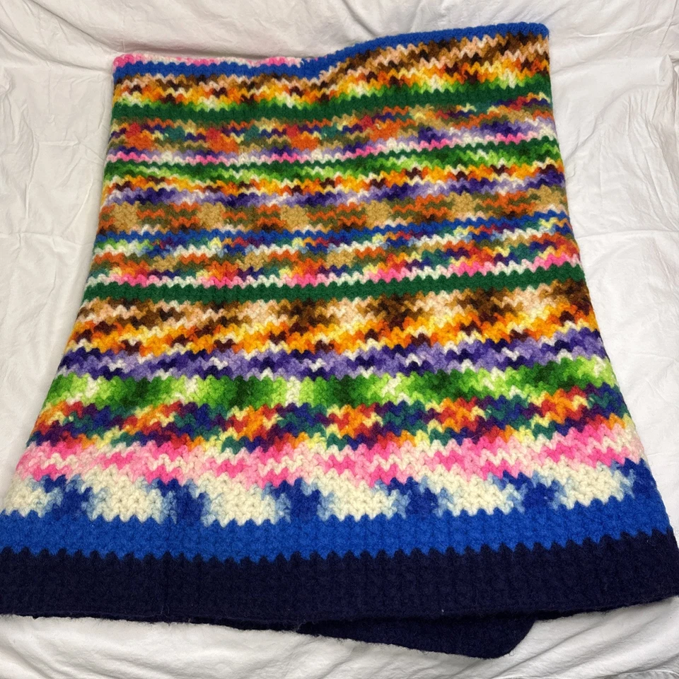 Manta multicolor a rayas única arco iris afgano ganchillo a mano vintage  Foto 1 de 4