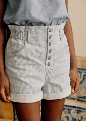 Pantalones Cortos Sezane Rafferty Rayas Cintura Elástica Botón Delantero Azul Para Mujer Talla 42 XL Foto 1 de 4