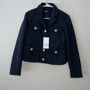 ZARA Cropped Navy Blue Coat Jacket Zip Gold Buttons Women's Medium NWT - Imagen 1 de 7