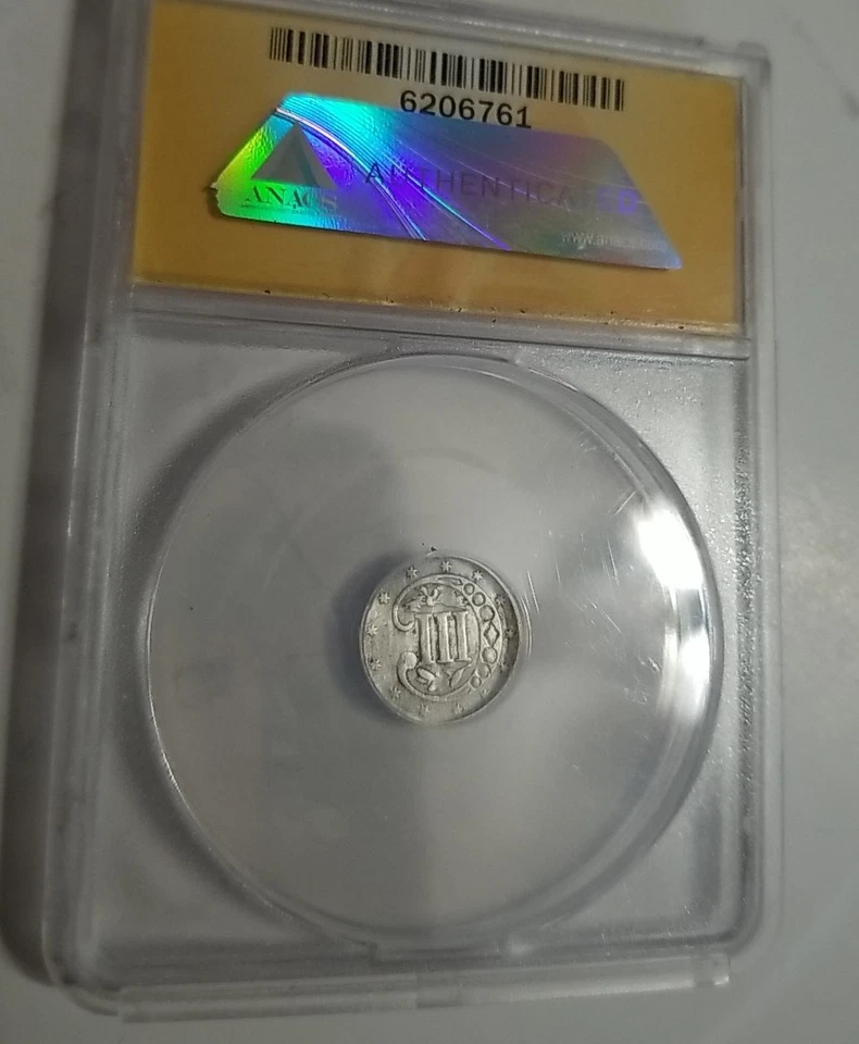 1860 III 3 Cent Nickel 3C U.S. Coin ANACS VF30 Detail Bent & Cleaned - Image 1 of 4