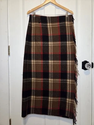 Vtg Eddie Bauer Wrap Skirt Wool Plaid Fringe Brown Red 20 Blanket Western Boho - Image 1 of 4