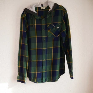 Vans Button Up Hoodie M Blue Green Check L/S 100% Cotton Faux Layer - Picture 1 of 11