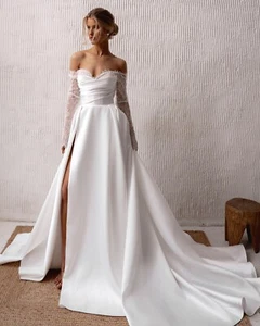 Clean Fließendes Brautkleid Hochzeitskleid Maßanfertigung Gr.32-50 Spitze Ärmel - Bild 1 von 5