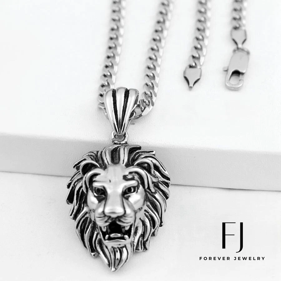 Collar Cabeza De León Acero Titanio Para Hombre - Diseño Punk, Cadena 23.6 Pulgadas, Estilo Gótico Y Masculino
