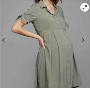 PIETRO BRUNELLI MATERNITY OLIVE GREEN SHORT SLEEVE BUTTON UP HIGH LOW MINI DRESS - Picture 1 of 8