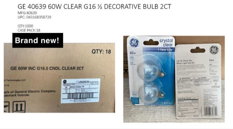 GE 40639 60W CLEAR G16 ½ DECORATIVE BULB 2CT - NEW - Image 1 of 1