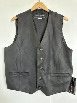 Mens Black Leather Vest Size XL NWT Oklahoma Buttons SEVENTH AVENUE - Image 1 of 4