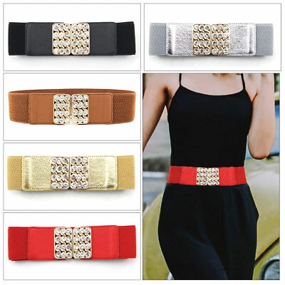 Women Stylish Elasticated Stretch Waist Belt with Gold Rhinestone Metal Buckle - Image 1 of 4
