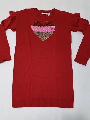 毛衣连衣裙女孩 10/12 大号红色带亮片心形 (T1226A) 长袖 — 第 1/4 张图片