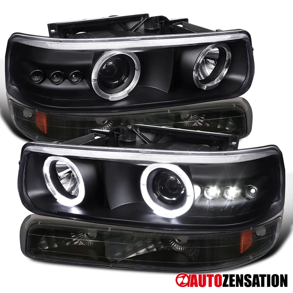 Fit 99-02 Silverado 00-06 Tahoe LED Halo Black Projector Headlights+Bumper Lamps Foto 1 de 4