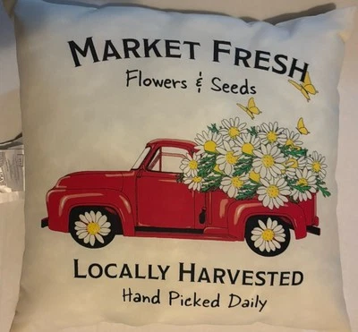 FRESH MARKET  Flowers & Seeds RED TRUCK Indoor Outdoor Throw Pillow 16x16 NEW - Image 1 of 2