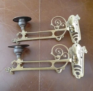 Pair Antique Brass Art Deco Swing Arm Piano Sconces Candelabra Wall Lights 8" L - Picture 1 of 7