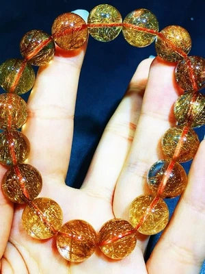 Natural   copper  Rutilated Quartz Crystal  Beads  bracelet 13mm AAAAA - Image 1 of 4