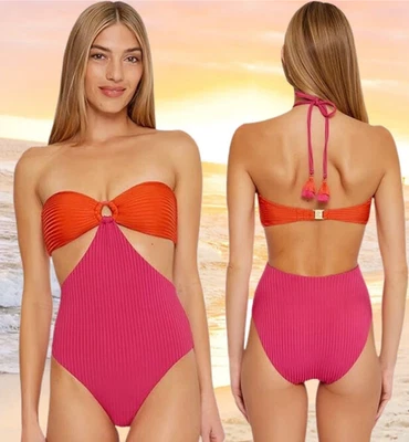 全新带标签 Trina Turk Olympia 镂空色块泳装罗纹橙色和粉红色 尺寸 6 — 第 1/4 张图片