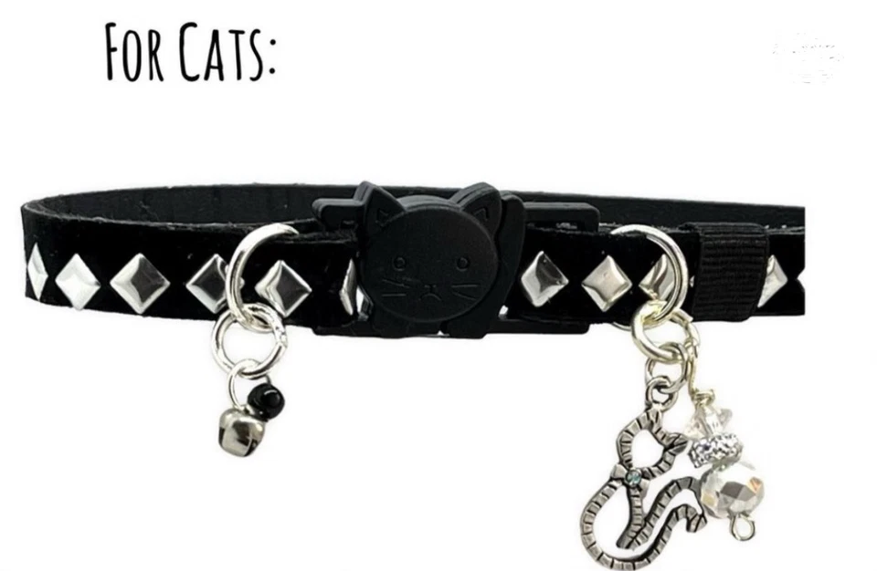 Collar ajustable negro y plateado para gatos perros | Tachonado | Charm Bell. Hecho a mano Foto 1 de 4