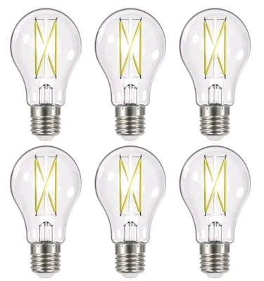 6 Pack Satco S12414 8W =60W Dimmable LED Filament A19 Clear E26 Base 2700K 120V - Image 1 of 4