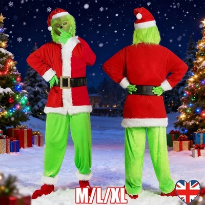 The Grinch Costume Mask Cosplay Adult Christmas Santa Suit Fancy Dress Outfit**