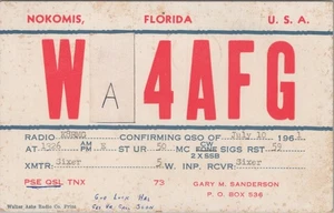 Amateurfunk QSL Postkarte WA4AFG Gary M Sanderson 1961 Nokomis Florida - Bild 1 von 1