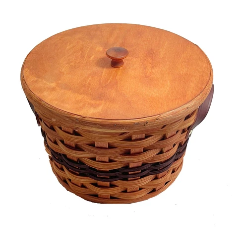 Amish Oak Cookie Jar Basket With Lid & Leather Handles Cover