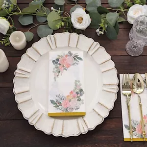 20 WHITE PINK Peony Flower 2 Ply Paper Disposable Dinner NAPKINS Gold Edge Party - Picture 1 of 8