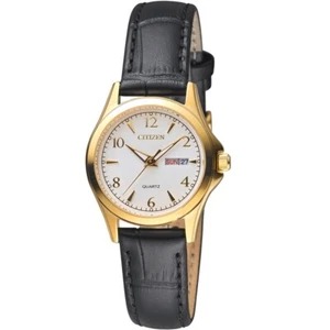 Citizen Women's Watch EQ0593-26A Quartz 27mm Silver Dial Gold Black Leather Band - Picture 1 of 3