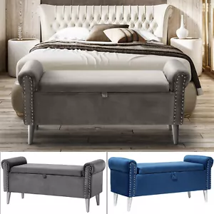 Upholstered Storage Ottoman End of Bed Bench Velvet Entryway Rivet Long Seat - Picture 1 of 22