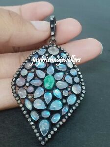 Amazing Emerald Pendant, Moonstone With Diamond 925 Sterling Silver Pendant