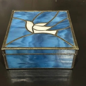 Beautiful Hinged 5x5 Blue Stained Glass With White Dove Trinket/Jewelry Box - Picture 1 of 9
