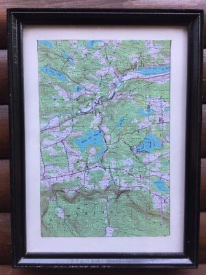 Unusual Picture Puzzle Topography Map Framed Wayne Co Elk Lake Waymart Pa Map  - Image 1 of 4