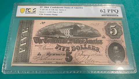 1864 $5 DOLLARS PCGS 62PPQ CIVIL WAR MONEY BANKNOTE BILL NOTE CASH T-69 Cover