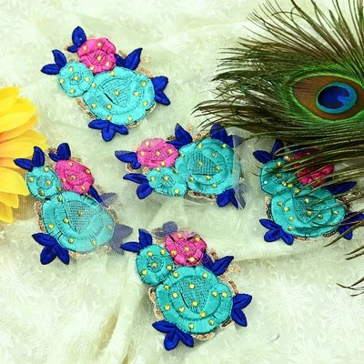 Vintage Embroidered 5 Pcs Rare Appliques Green Net Applique VERY OLD ANTIQUE - Image 1 of 4