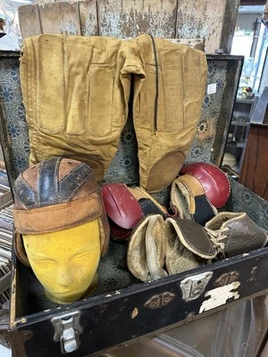 1920's Leather Football Helmet Pants Shoulder Pads Locker - Image 1 of 4