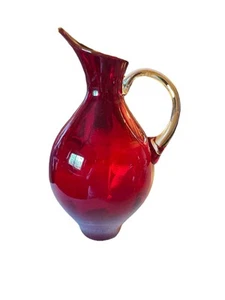 Ruby Red Optical Glass  & Clear Glass Handle Viking Glass Pitcher  11.5" H (MCM) - Picture 1 of 14