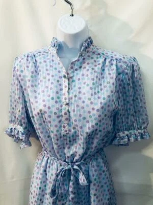 Vestido De Colección Años 70 Cottagecore Bonito Azul Pálido + Lavanda Volantes Lunares Cinturón M Foto 1 de 4