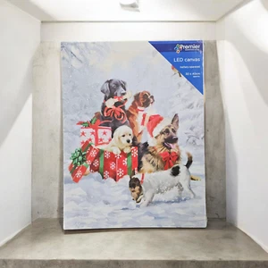LED Christmas Wall Canvas. Lit Battery Operated Dogs in the Snow - Picture 1 of 1