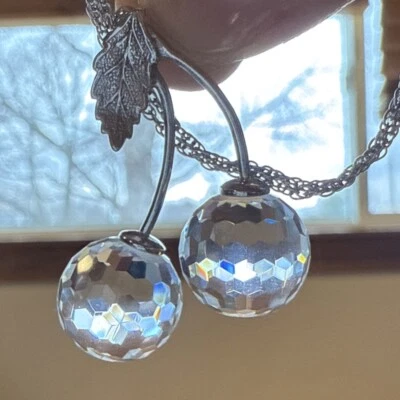 Crystal Cherries Silver Tone Necklace 18”/20” Chain Signed Hallmark Cards - Image 1 of 4