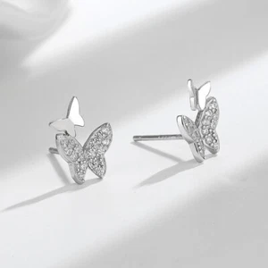 925 Sterling Silver Full CZ Butterfly Stud Earrings Women Girl Jewellery Gift UK - Picture 1 of 11